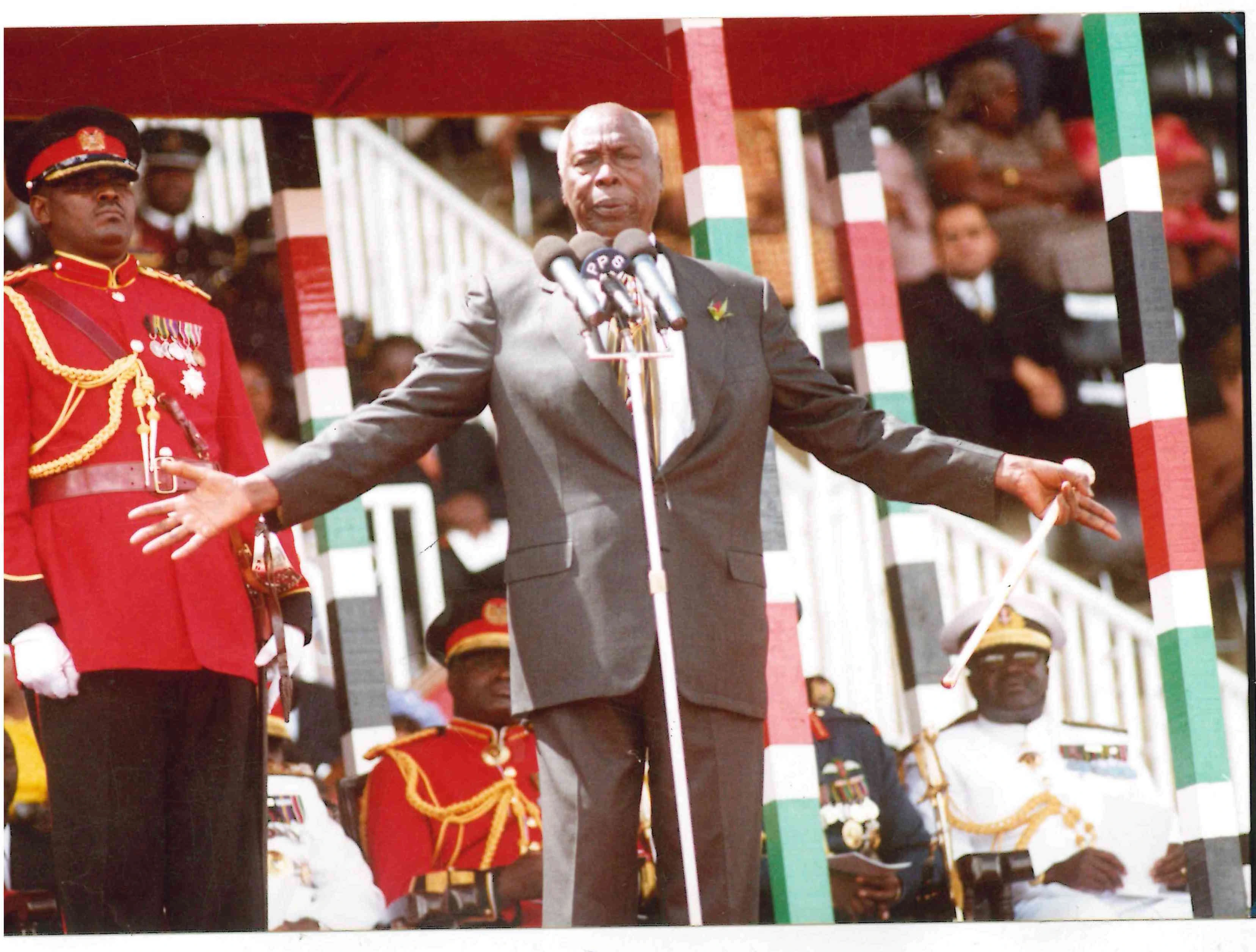 President Daniel Arap Moi addressing his last Jamhuri Day as President of the Republic of Kenya at Nyayo Stadium before retirement.
