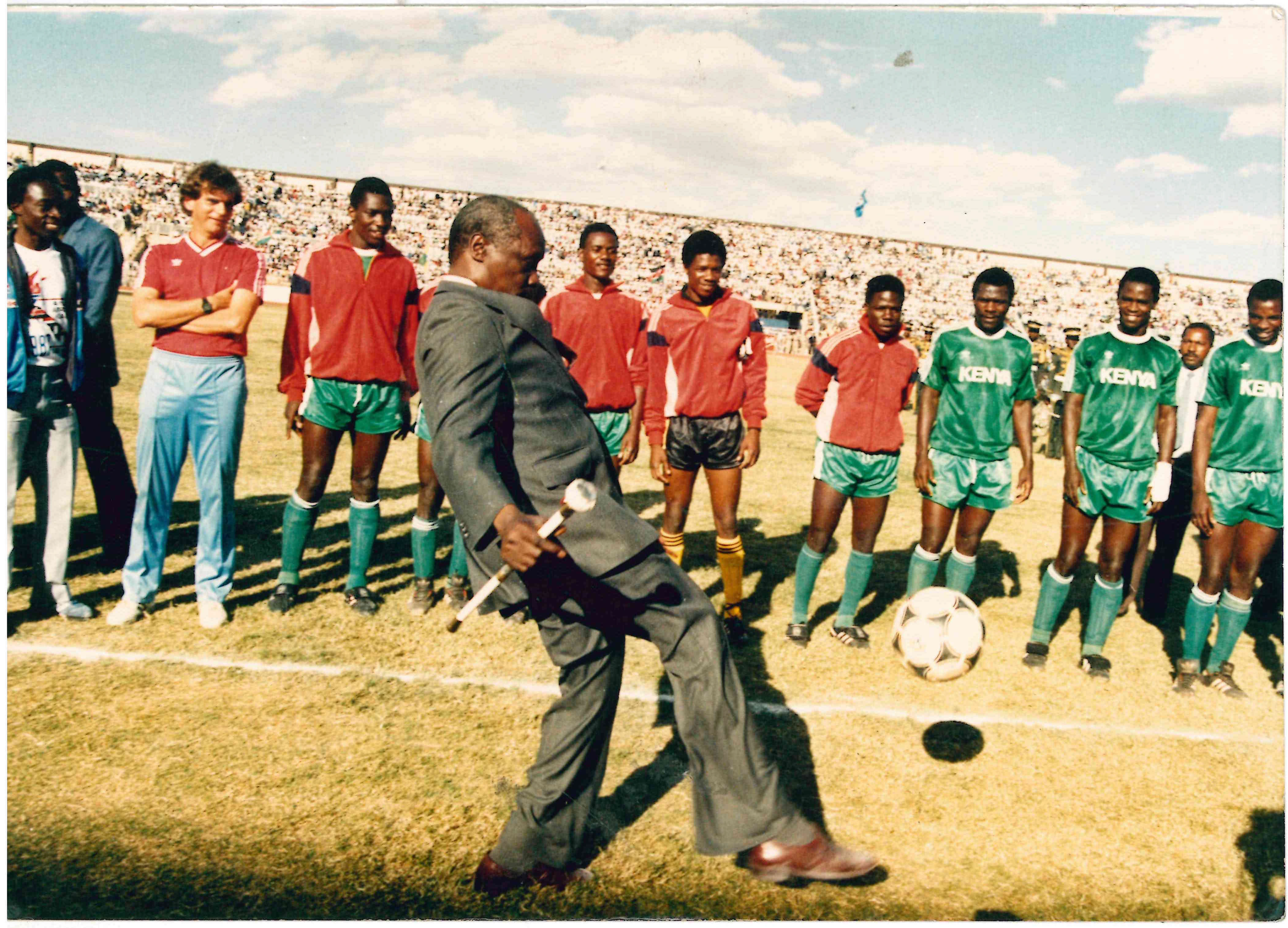 President Daniel Arap Moi juggling the ball before a football match at Nyayo Stadium