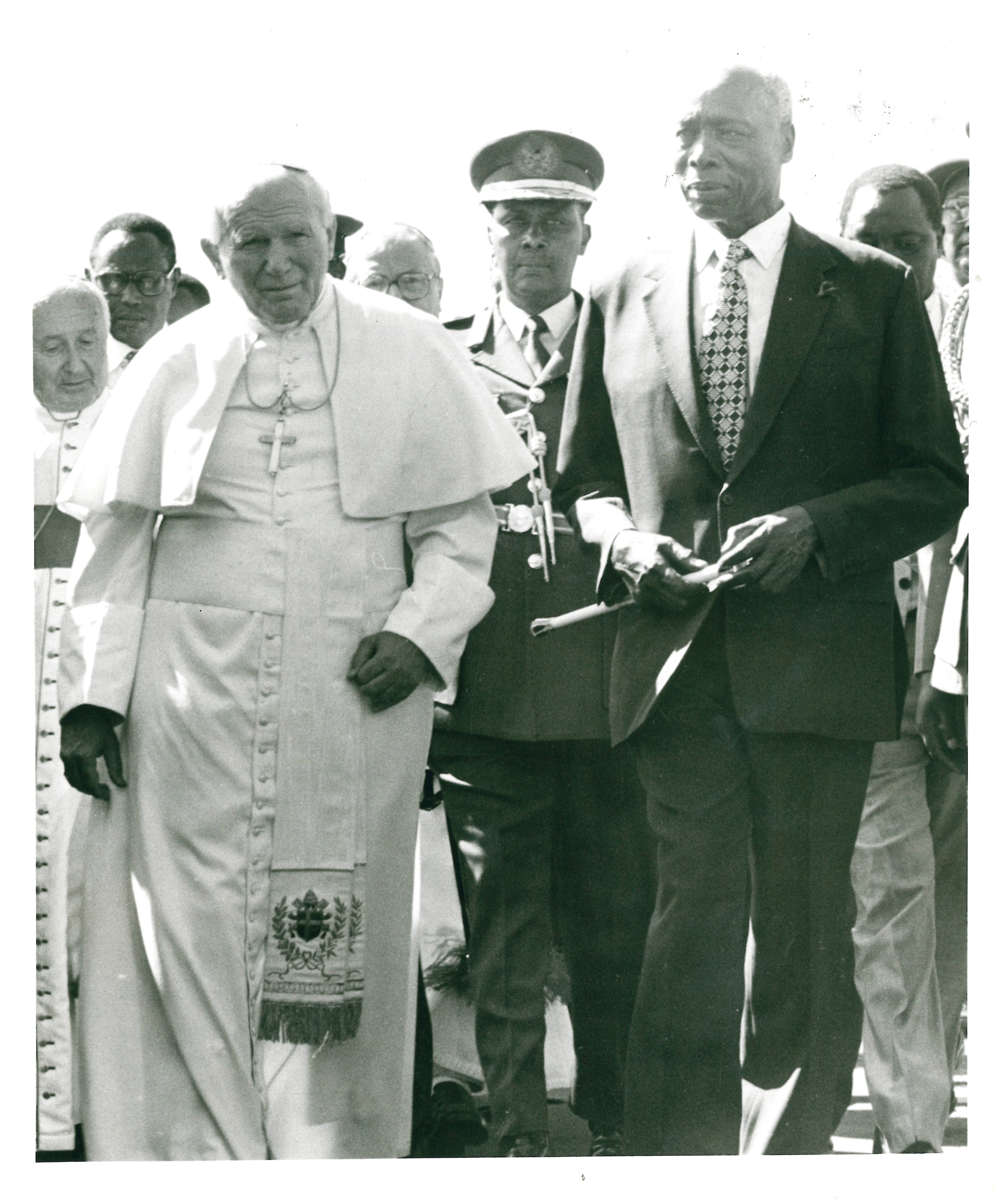 President Daniel Arap Moi walking alongside Pope John Paul II during the Papal visit to Kenya
