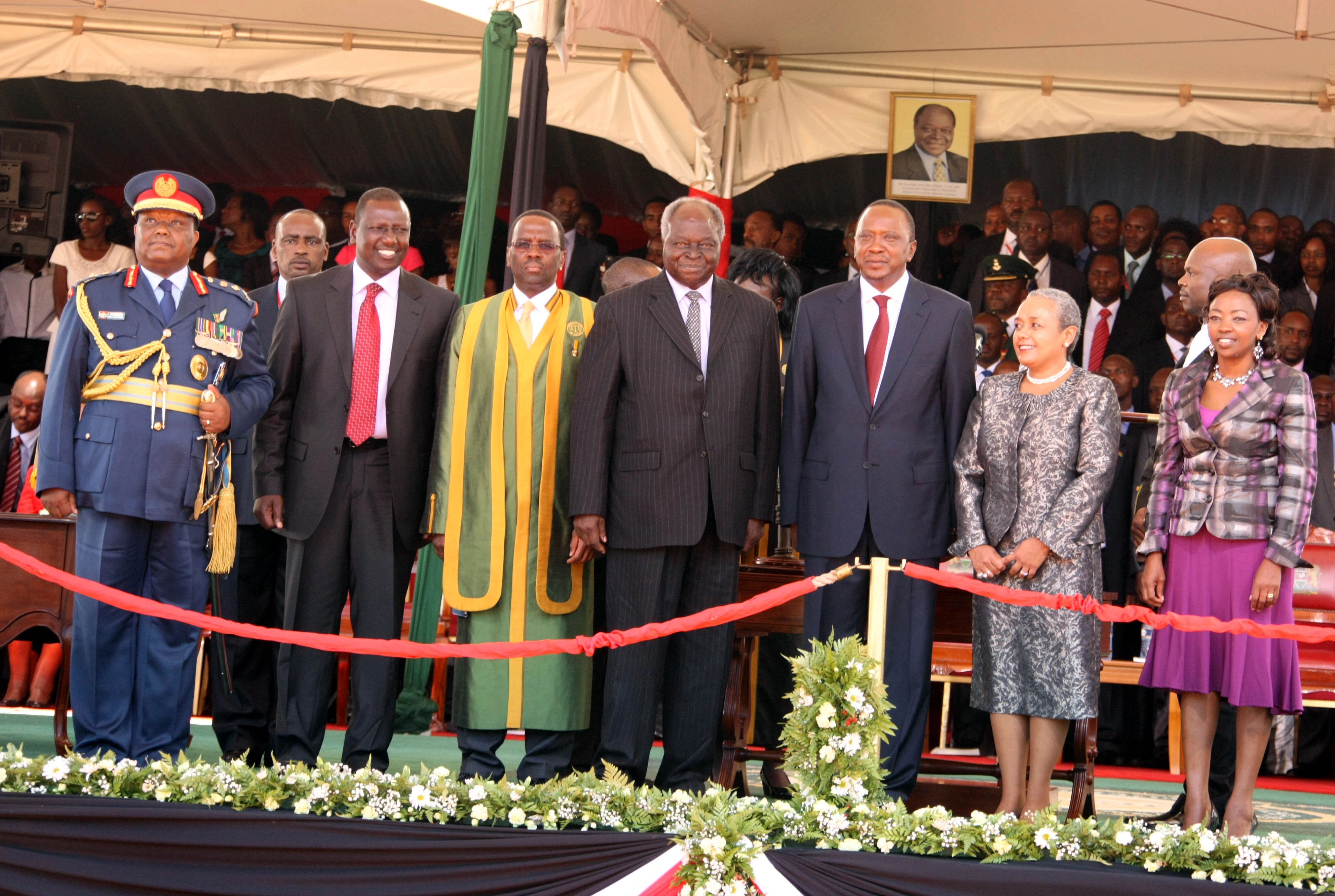 President Uhuru Kenyatta Inauguration as the 4th President of Kenya at Kasarani Stadium Photo with the 3rd President Mwai Kibaki DP William Ruto and CJ Mutunga
