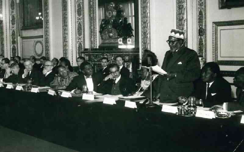 Jomo Kenyatta and Thomas Joseph Mboya attending the Second Lancaster Conference in London in 1962.