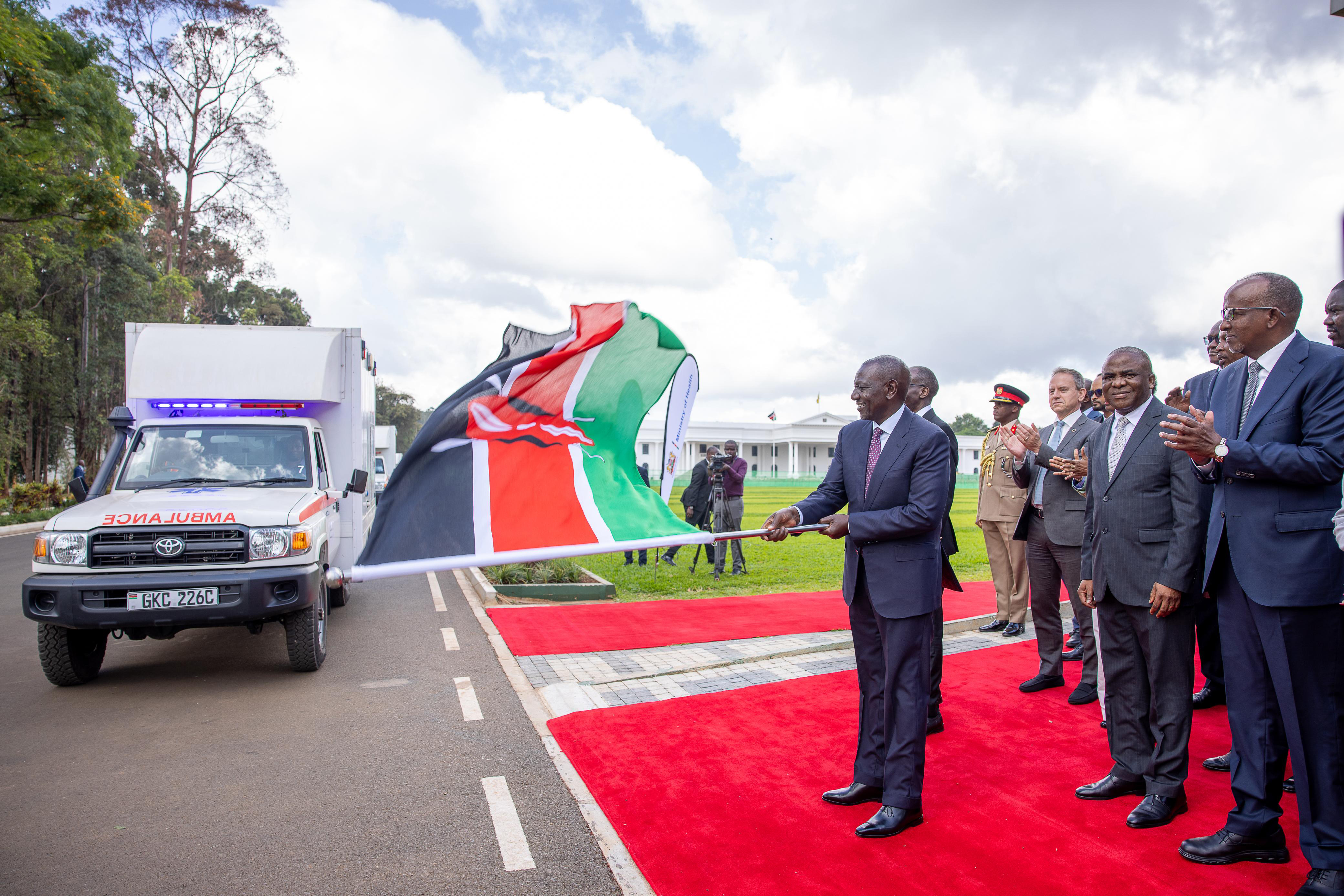 PRESIDENT WILLIAM RUTO PRESIDING OVER THE HANDOVER OF AMBULANCES AND ESSENTIAL MEDICAL SUPPLIES FROM THE WHO AT STATE HOUSE NAIROBI