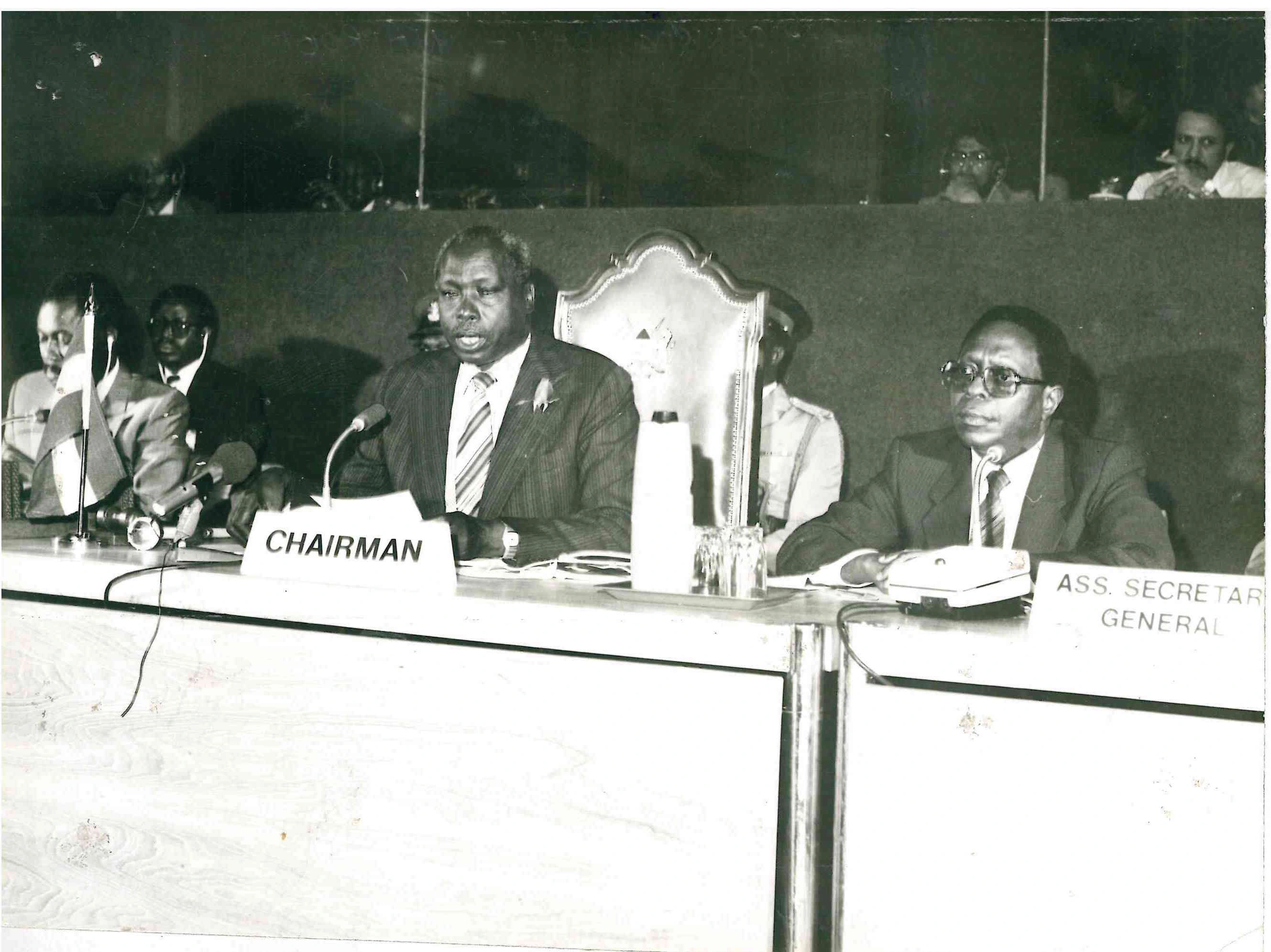 President Daniel Arap Moi The OAU Chairman addressing the 18th Assembly of the Summit at KICC Nairobi