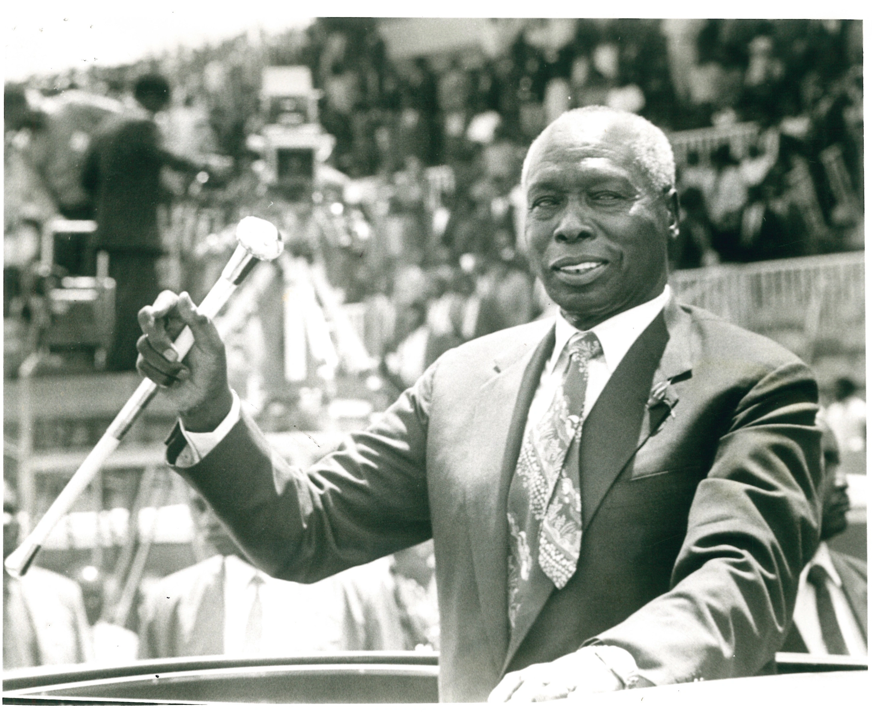 President Daniel Arap Moi acknowledging cheers from Wananchi during the Moi Day Celebrations at Nyayo National Stadium