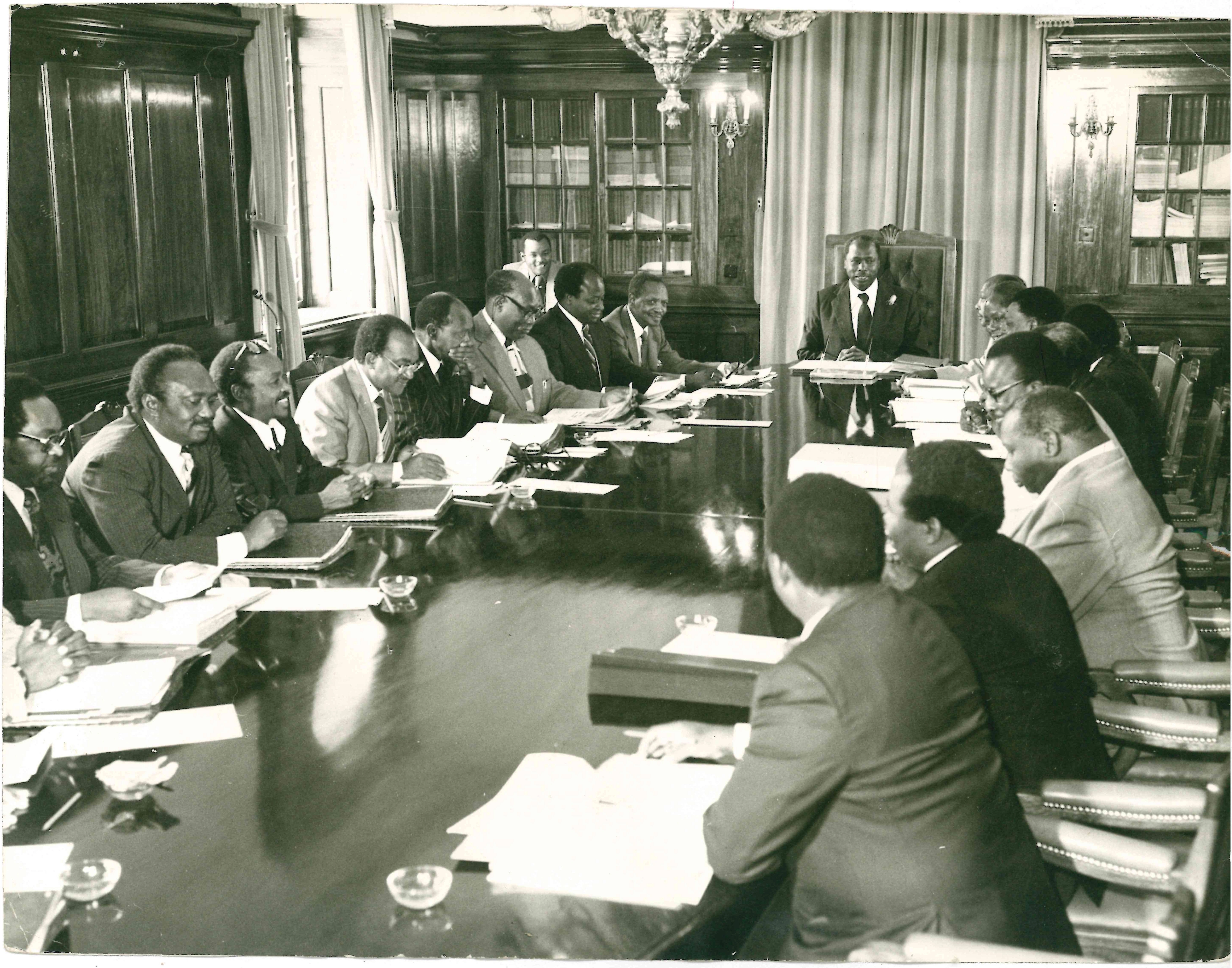 President Daniel Arap Moi chairing a Cabinet meeting as the new President two weeks after Jomo Kenyatta's death at State House Nairobi