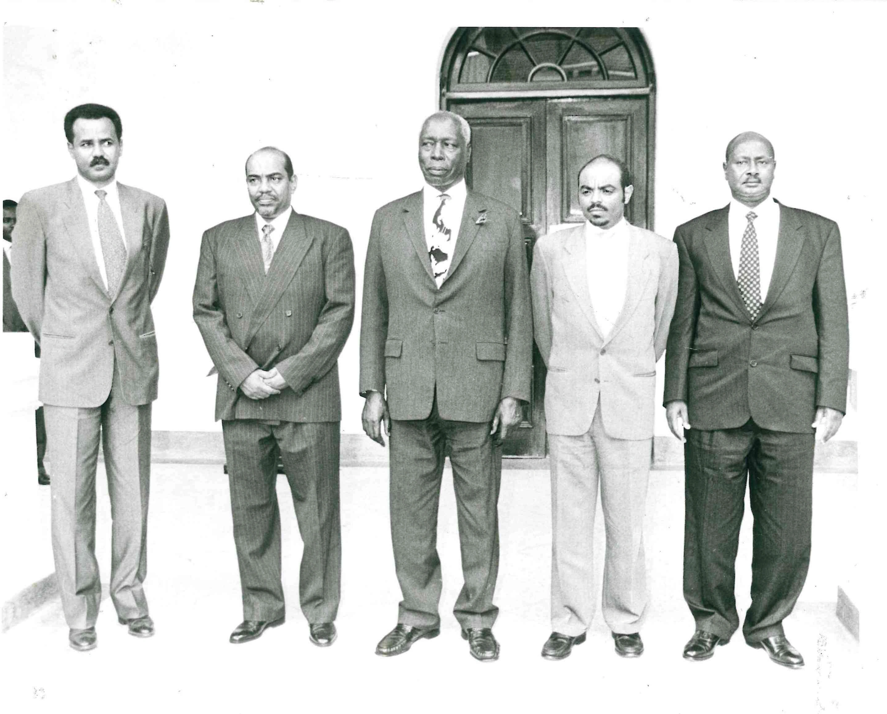 President Daniel Arap Moi hosting IGAD Leaders Afeworki Bashir Zenawi and Museveni who attended Sudan Peace Talks at State House Nairobi