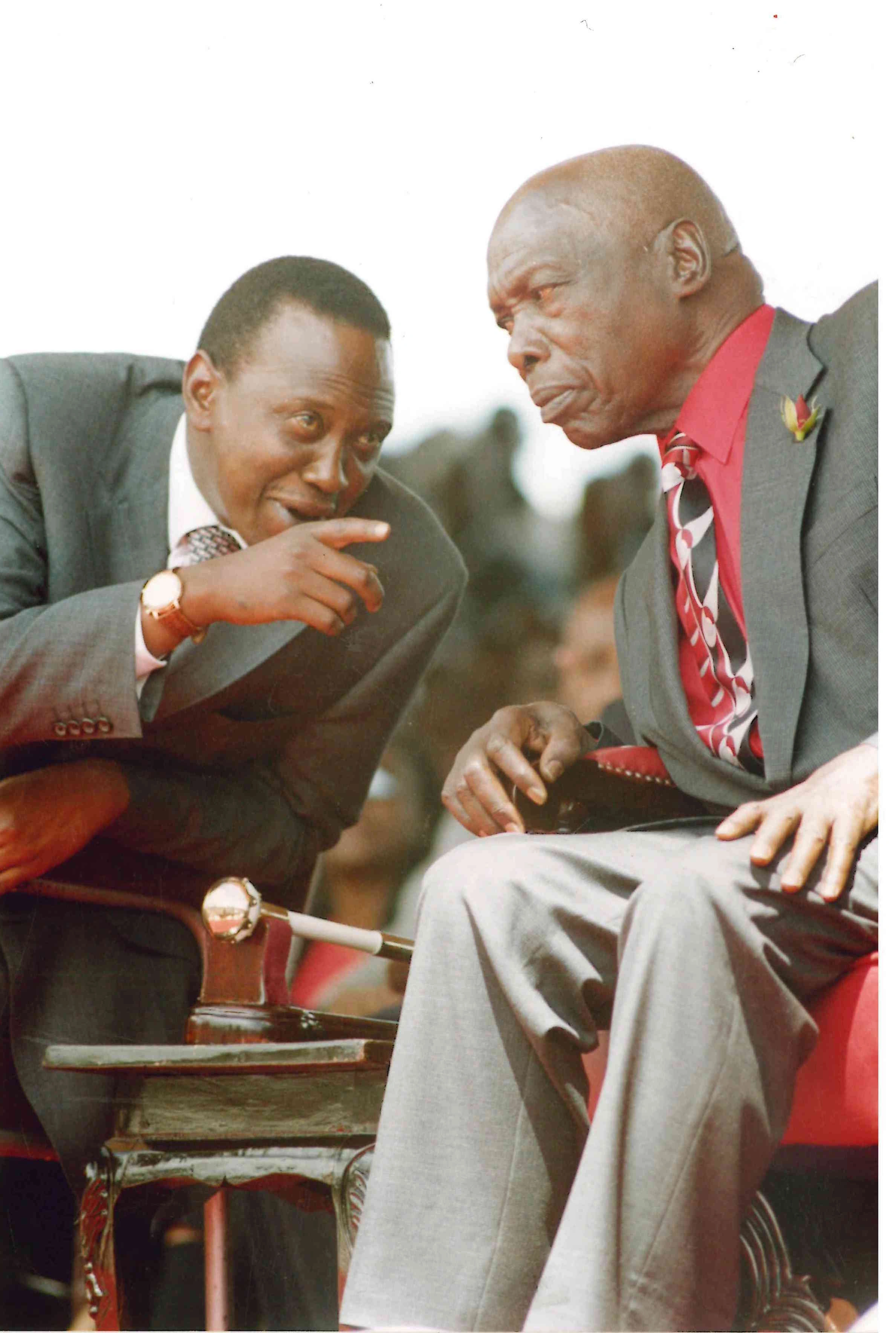 President Daniel Arap Moi tete a tete with KANU presidential Candidate Uhuru Kenyatta at Uhuru Park Nairobi