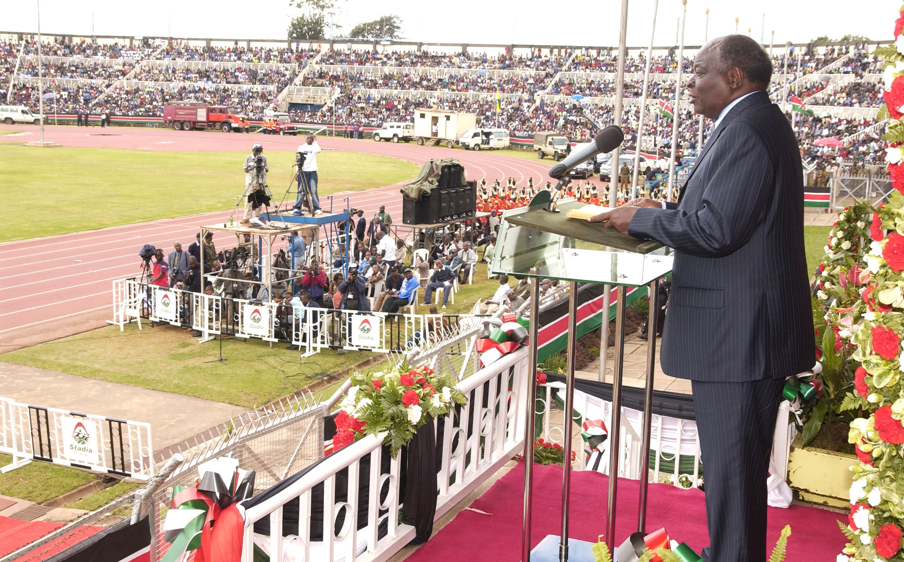 President Mwai Kibaki addressing the nation during Madaraka Day at Nyayo National Stadium Nairobi