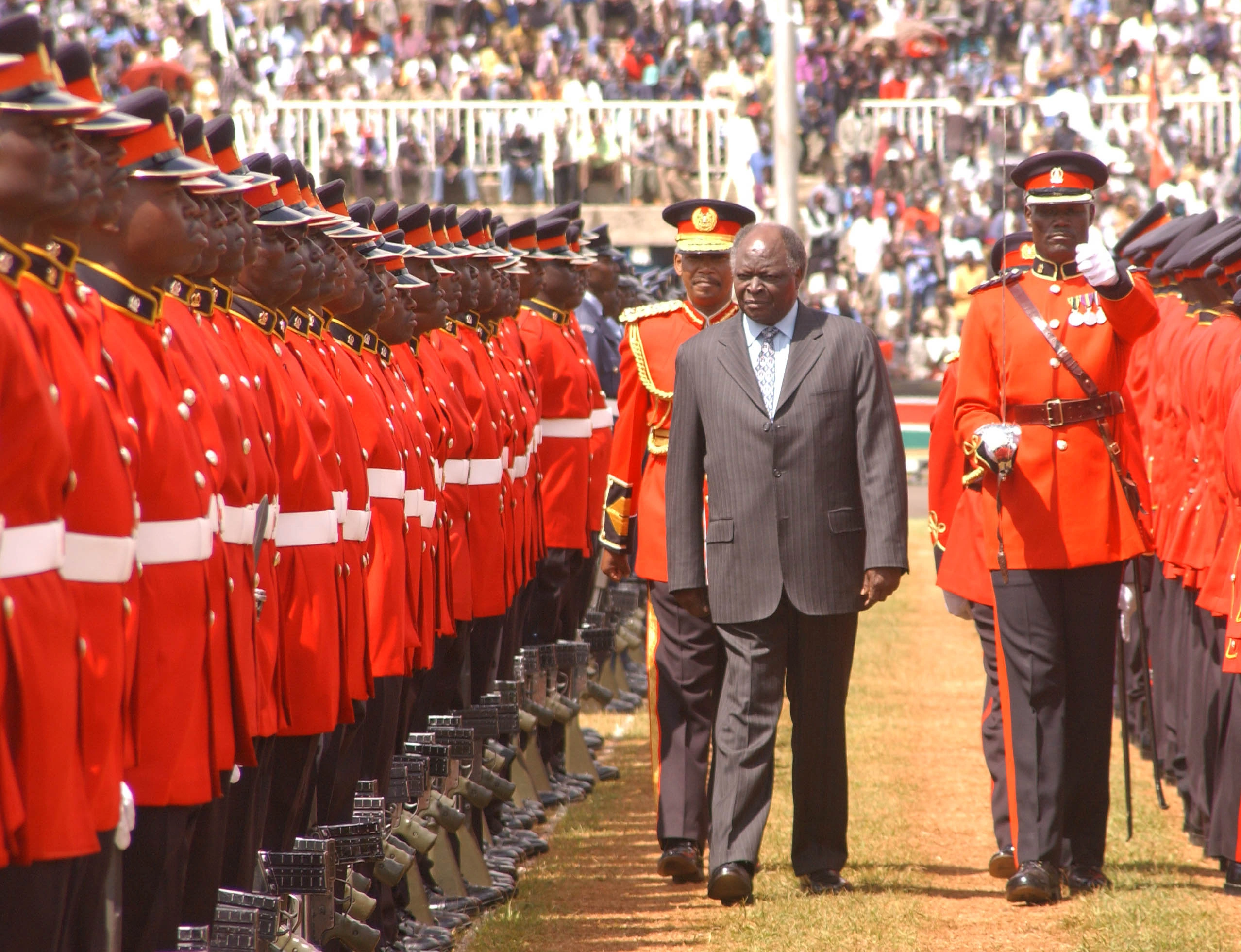 President Mwai Kibaki inspecting a Guard of Honour during Madaraka Day Celebrations at Nyayo National Stadium