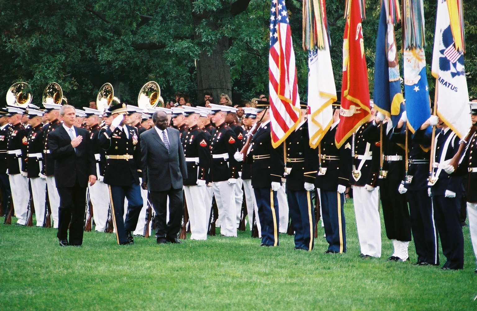President Mwai Kibaki inspecting a guard of honour during the State Visit to the United States hosted by President George W Bush at the White House