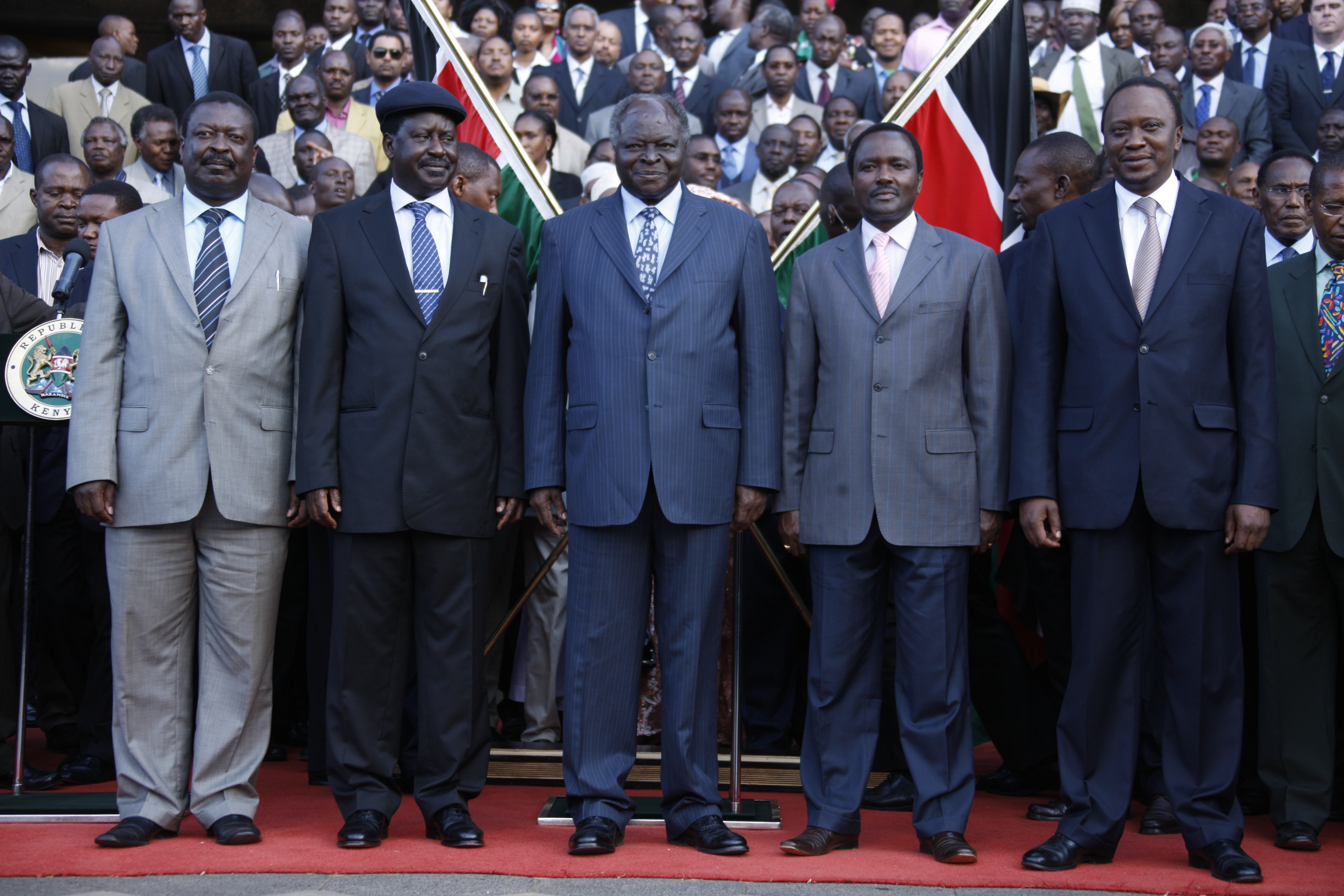 President Mwai Kibaki with PM Raila Odinga VP Kalonzo Musyoka and DPMs Uhuru Kenyatta and Musalia Mudavadi at KICC Nairobi