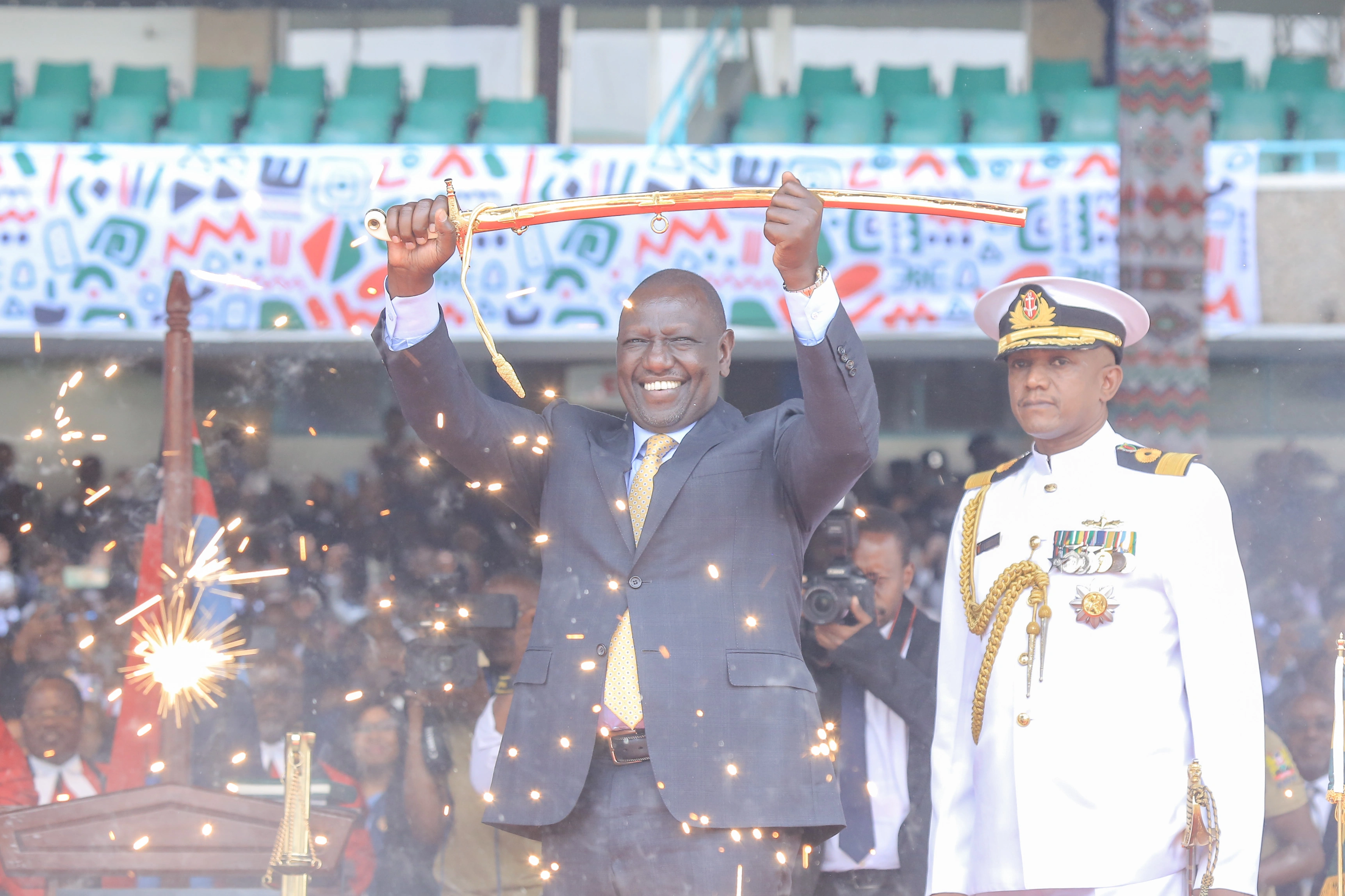 President William Ruto Inauguration as the 5th President of Kenya at Kasarani Stadium Nairobi waving the Sword to the Crowd