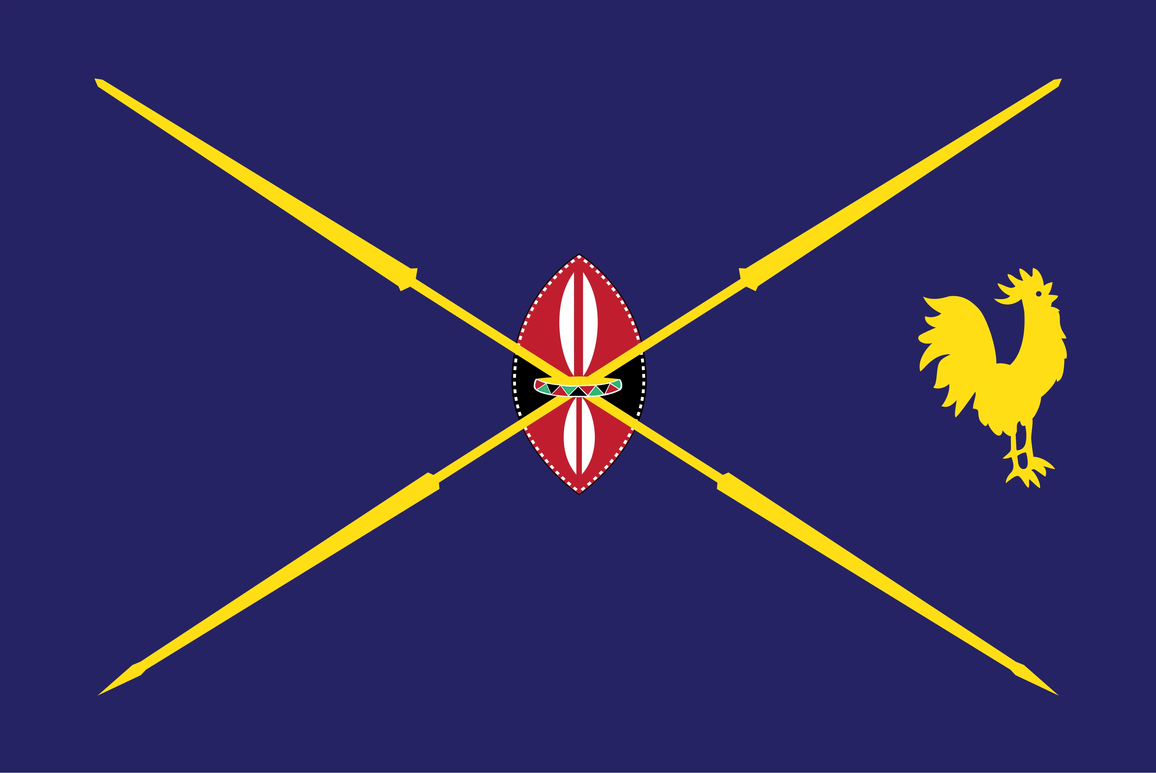 A dark blue flag featuring two crossed yellow spears, a shield at the centre in red, black and white colours and a yellow rooster on the right side. 