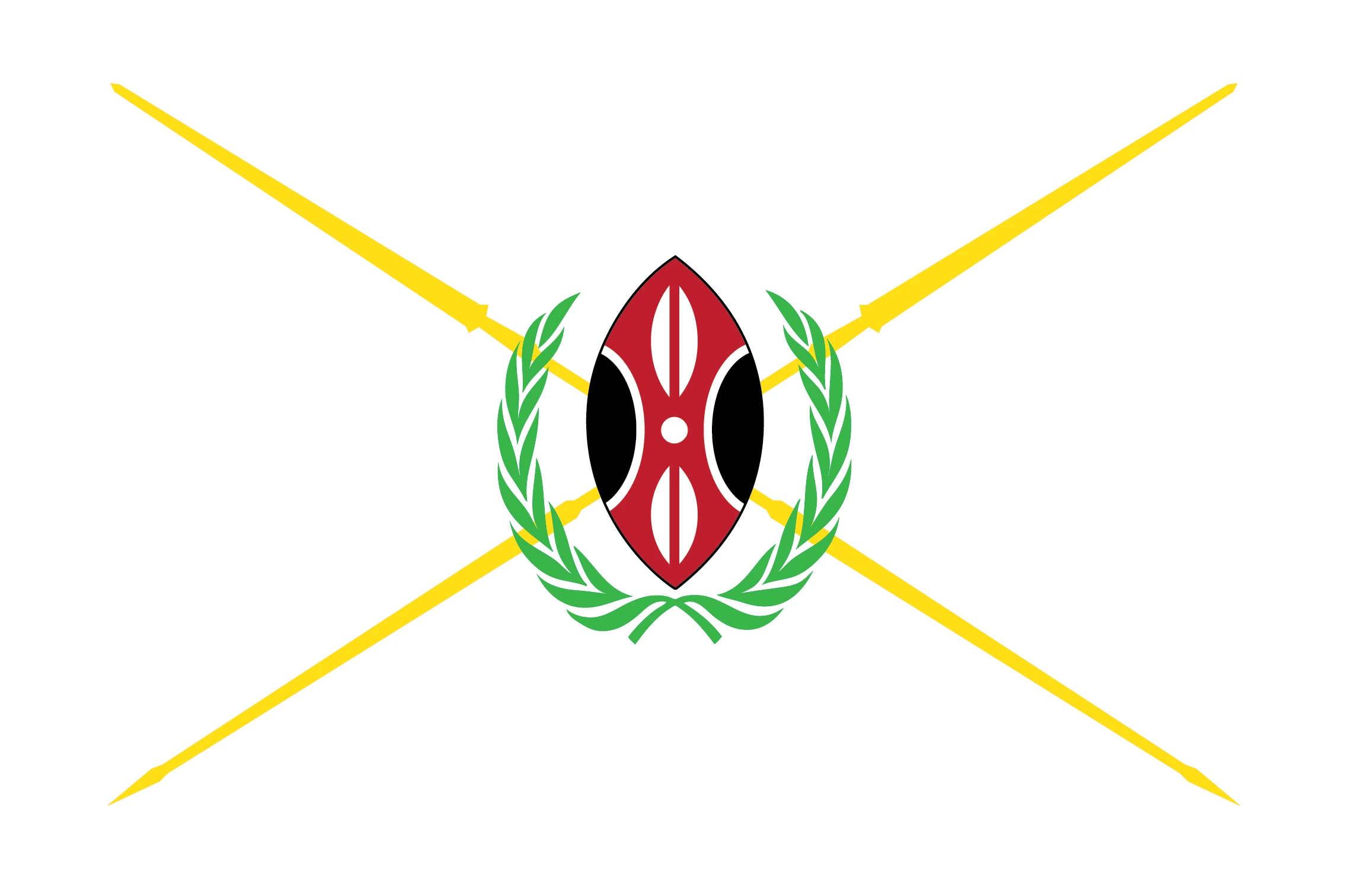 Light gray flag with two crossed golden spears, a centred red, black and white shield surrounded by green laurel branches.