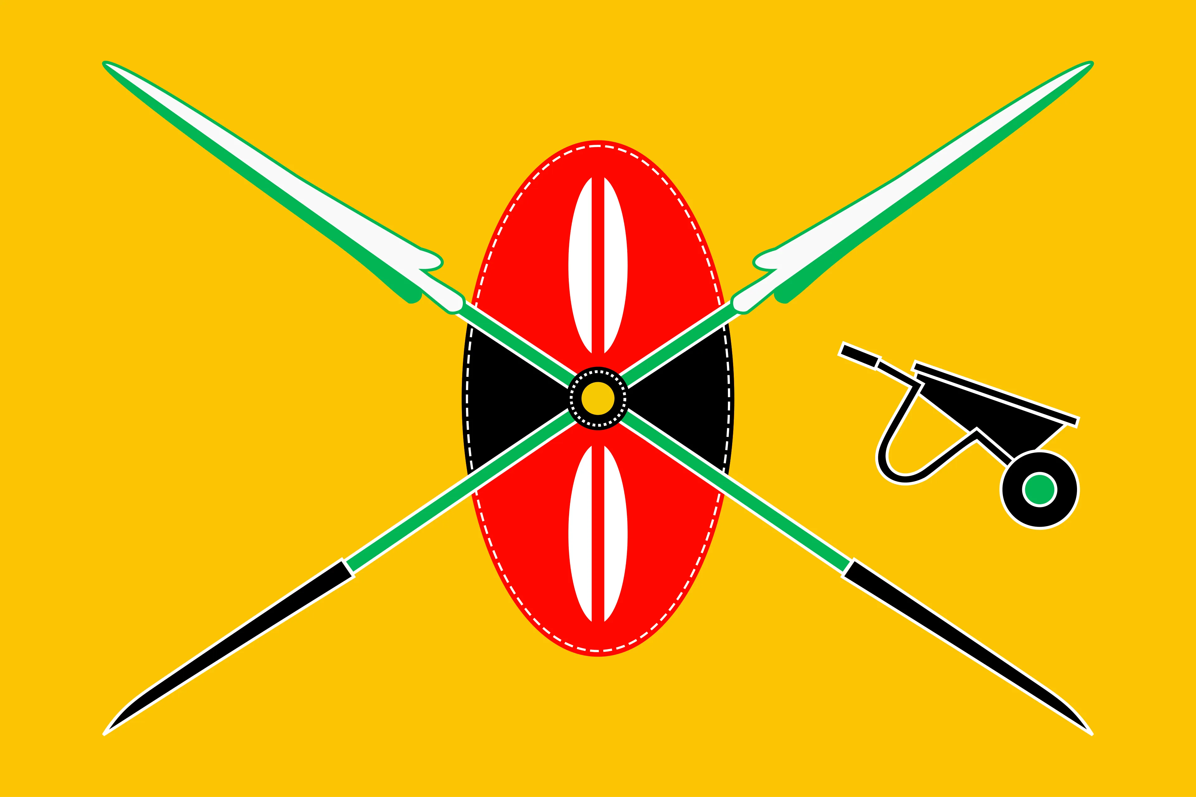 Bright yellow flag displaying two crossed green-white and black spears behind a bold red-black-and-white Maasai shield, with a black wheelbarrow symbol outlined in white on the right side.