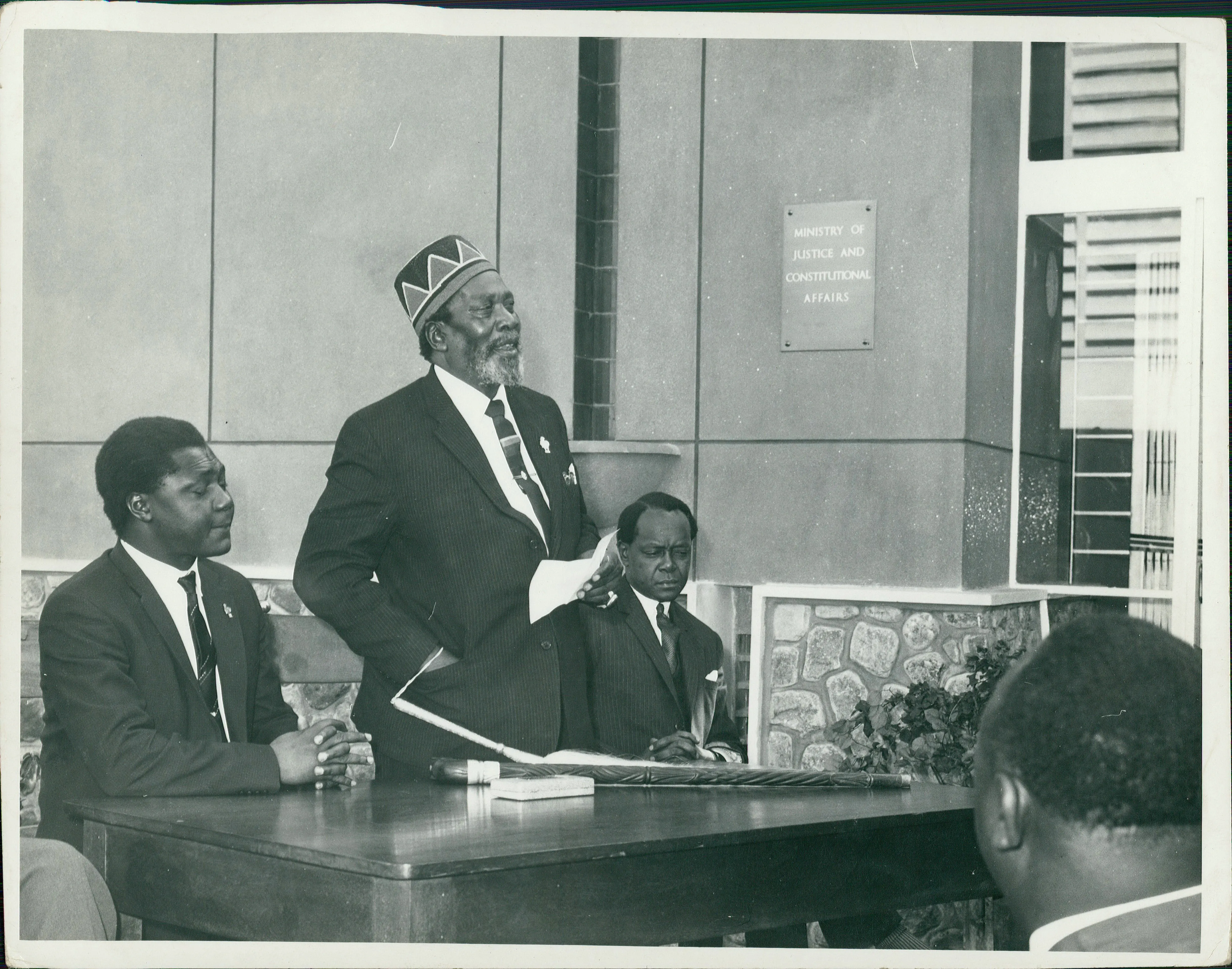 Prime Minister Jomo Kenyatta at the opening of Extensions to the Crown Law Offices in Nairobi accompanied by Mr Tom Mboya and Mr Charles Njonjo_10.10.1963.