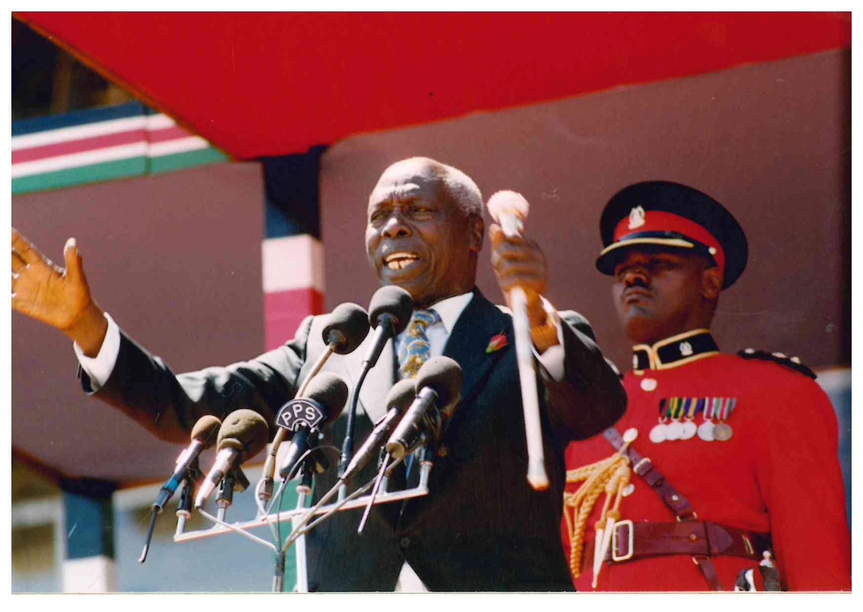 Return of multiparty democracy (1991)_Daniel Arap Moi addressing Kenyans at Nyayo National Stadium during Jamhuri Day Celebrations